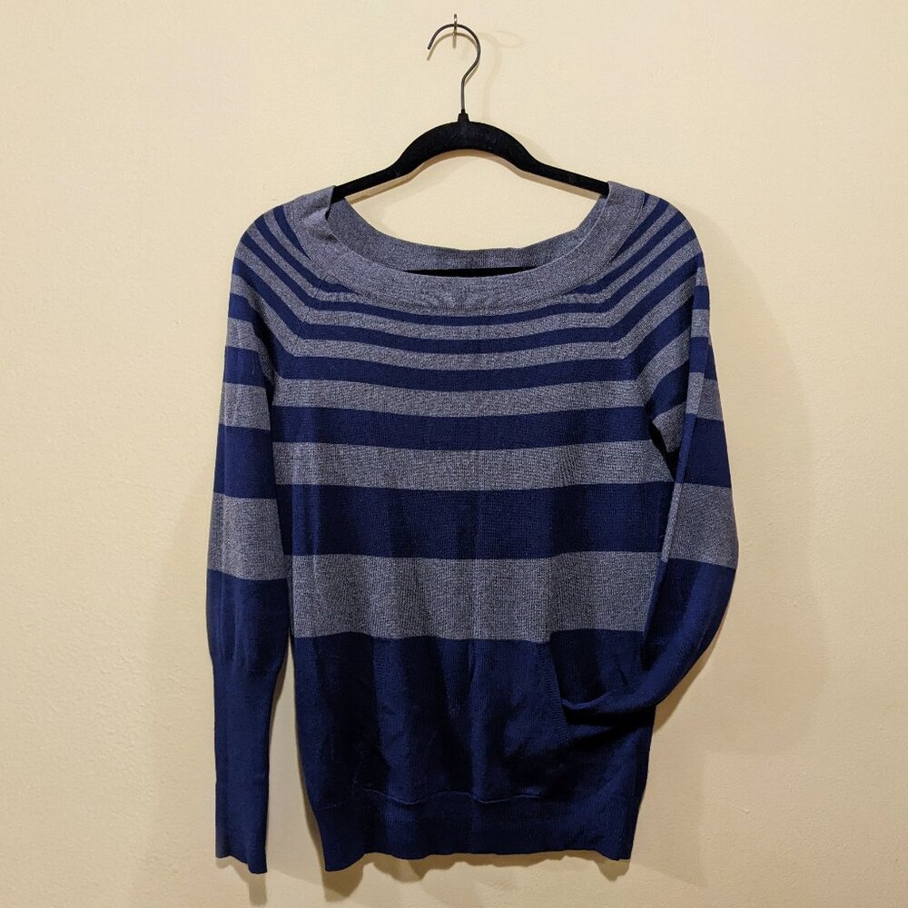 BCBGMaxazria silk sweater pullover hoodie top size S fitted blue navy stripe